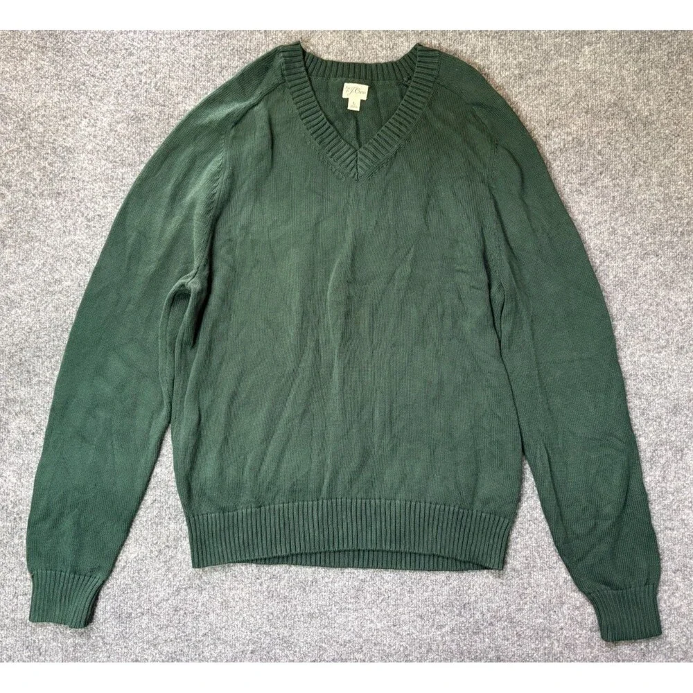 J CREW Sweater Mens Large Green Pull Over Long Sleeve Knit Cotton Dad